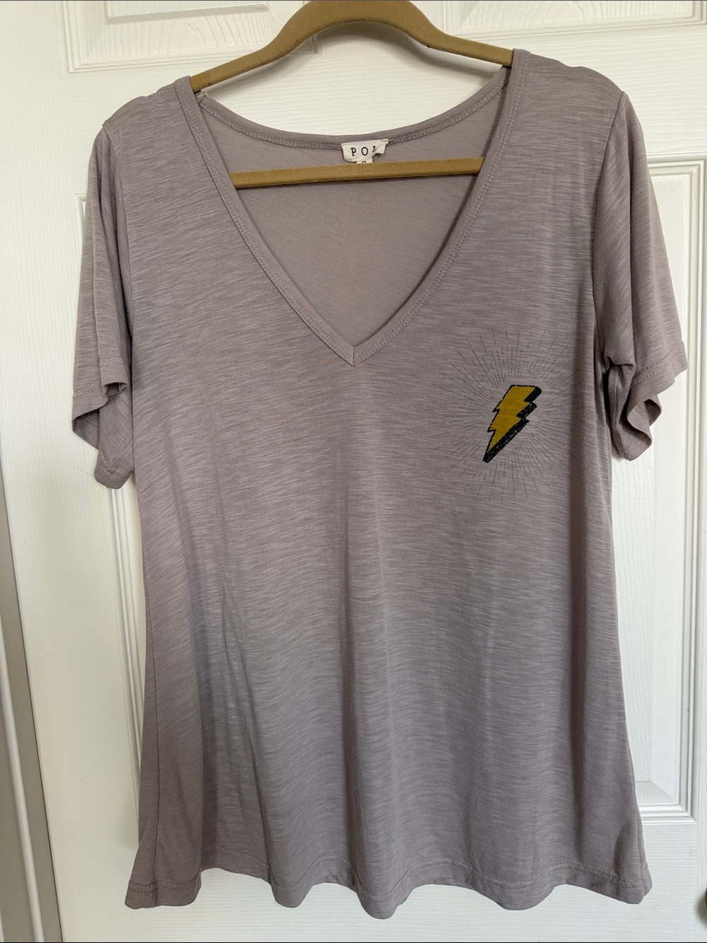 POL Lavender V-Neck Tee with Yellow Lightning Bolt